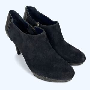 Bandolino Ankle Boots High Heel side Zip Shoes Faux Snake Skin & Navy Suede 7.5